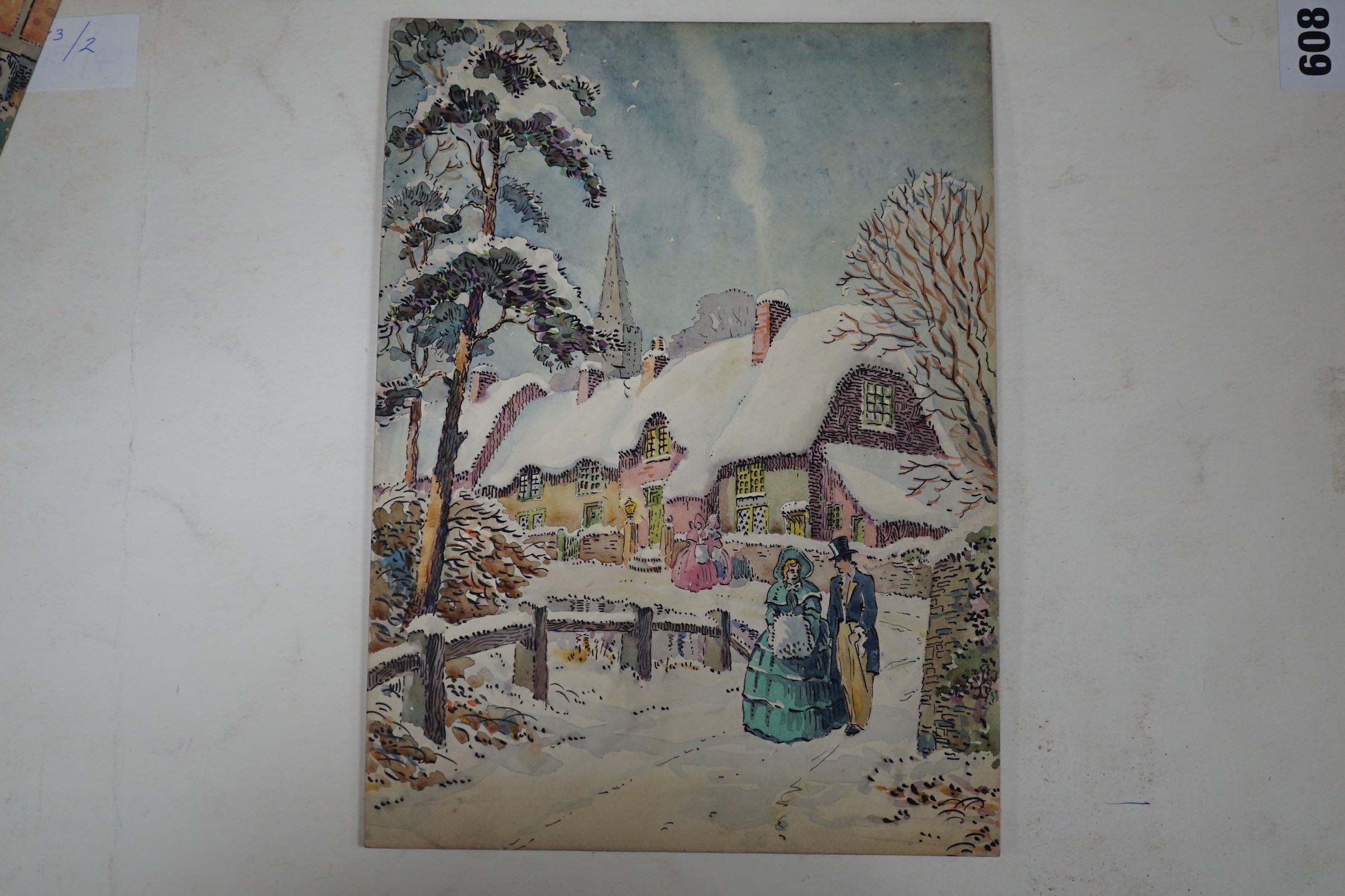 Maurice Wheatcroft, six ink and watercolour original greeting card designs, Victorian winter scenes, 19 x 27cm, unframed